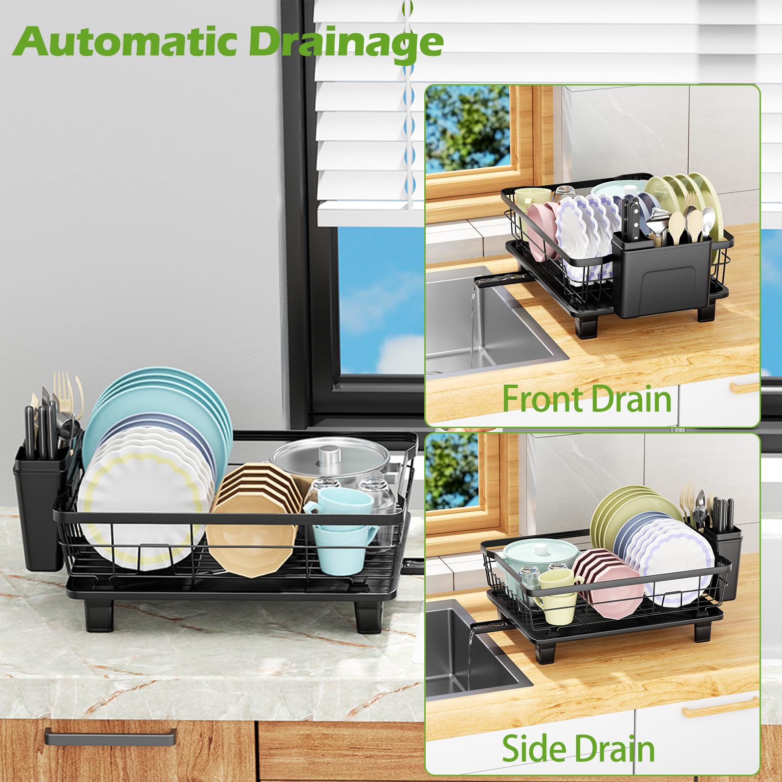 BULIJUJU rack with built-in drainage outlet keeps countertops dry after washing.