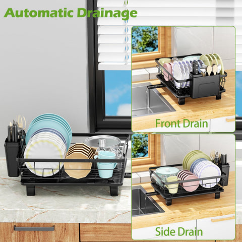 BULIJUJU rack with built-in drainage outlet keeps countertops dry after washing.