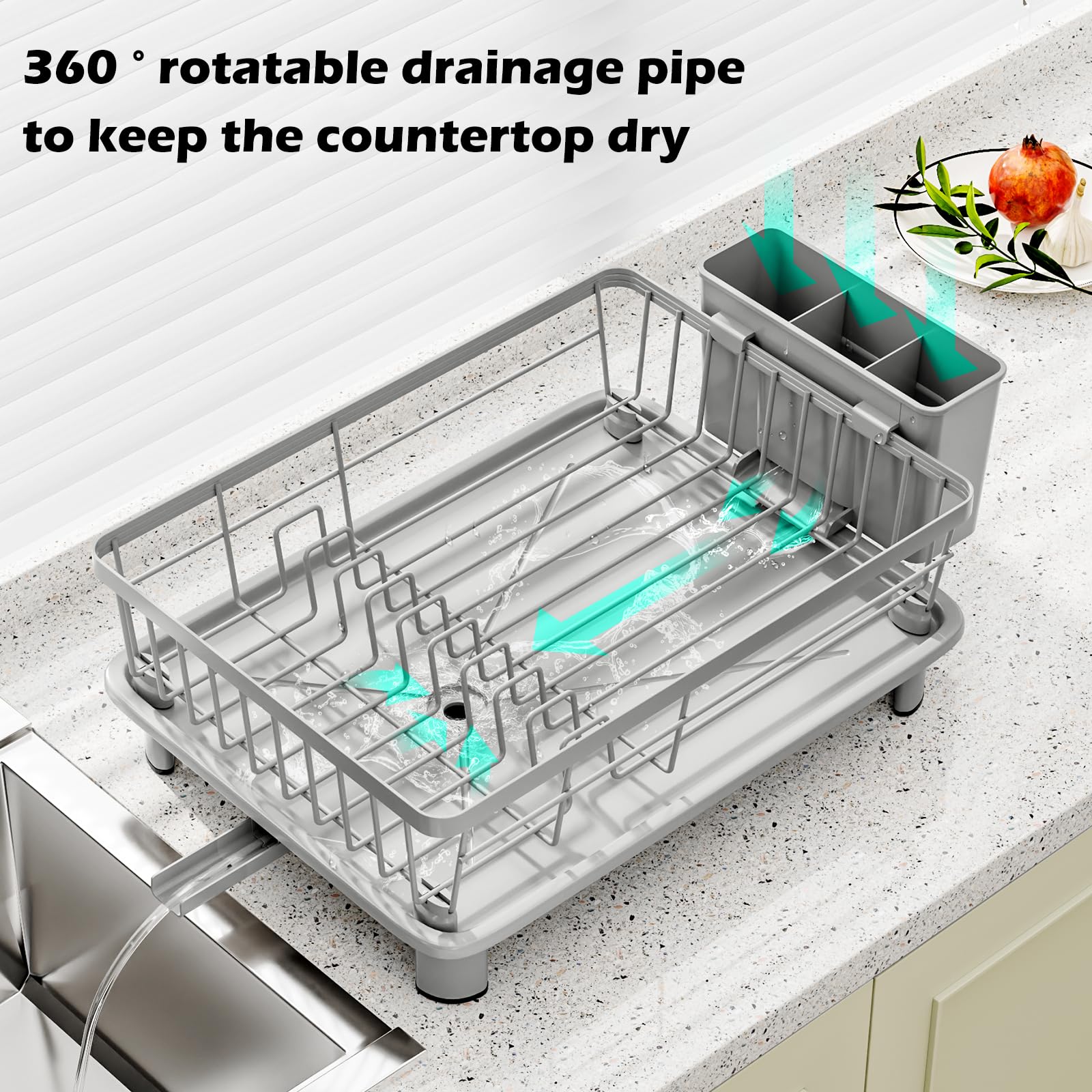 BULIJUJU dish rack with drainage highlights efficient water flow into sink for a dry counter.