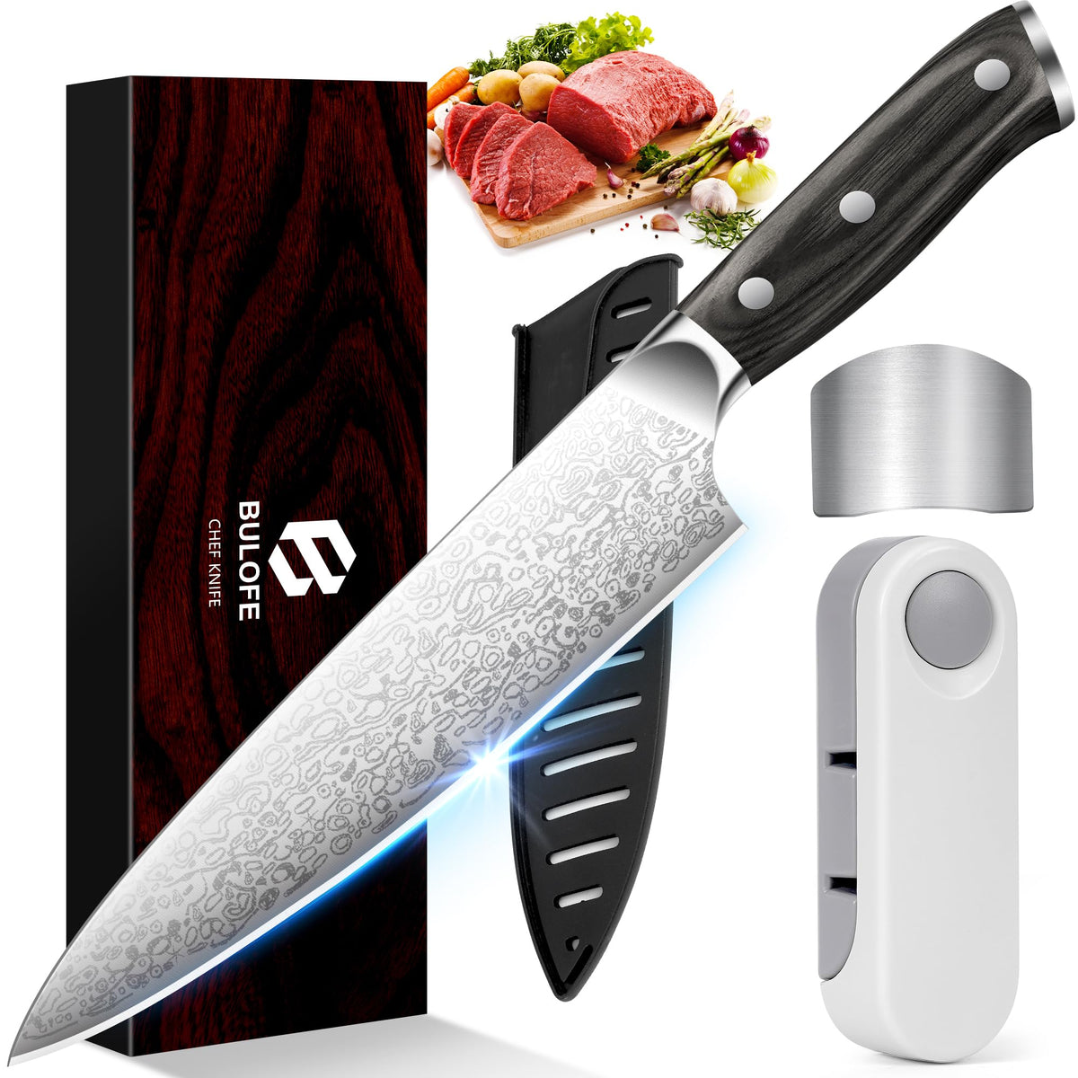 BULOFE 8-inch chef knife edge close-up for precision slicing in home kitchens.