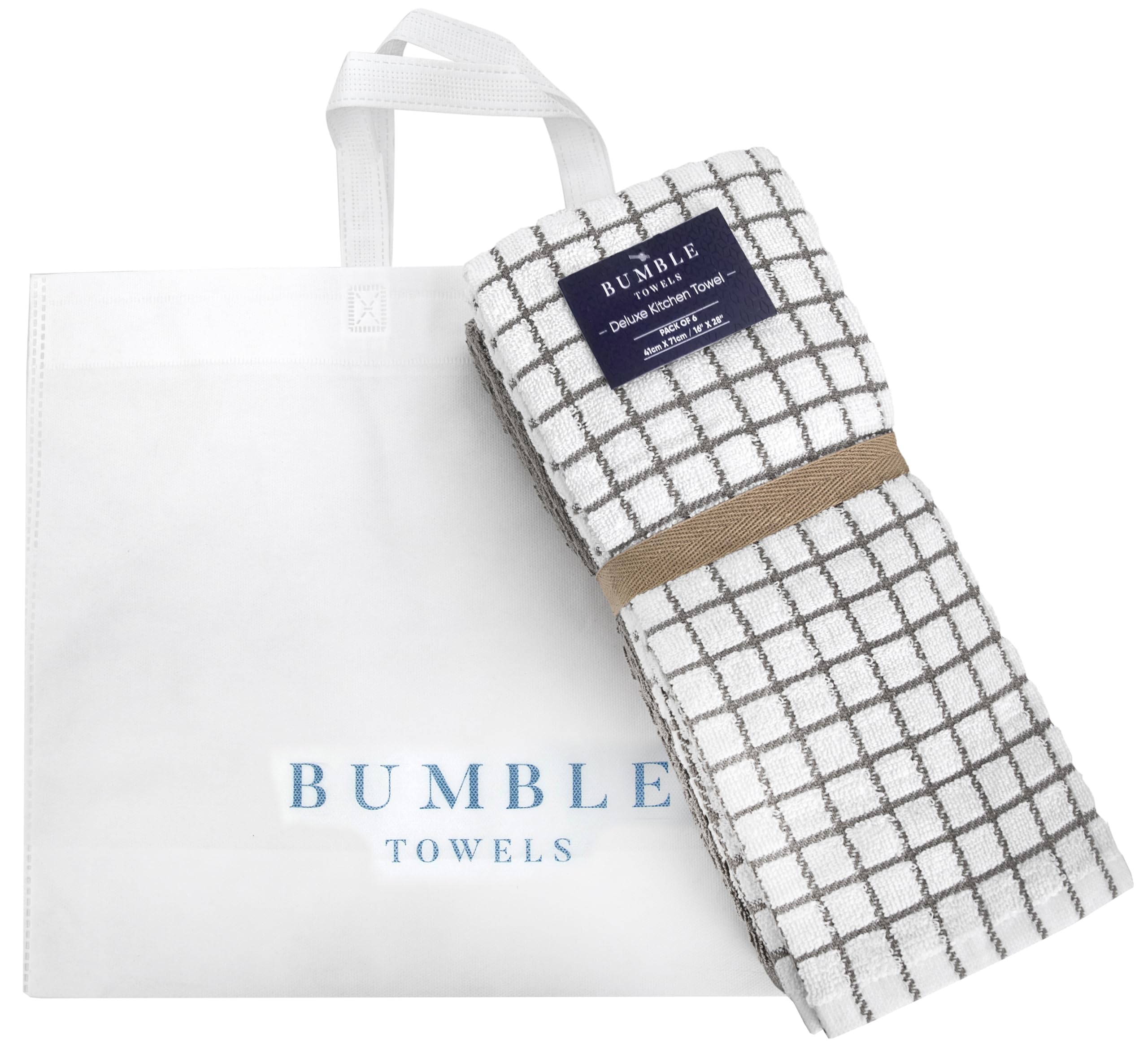 Close-up of Bumble Towels kitchen towel, soft cotton feel in gray.