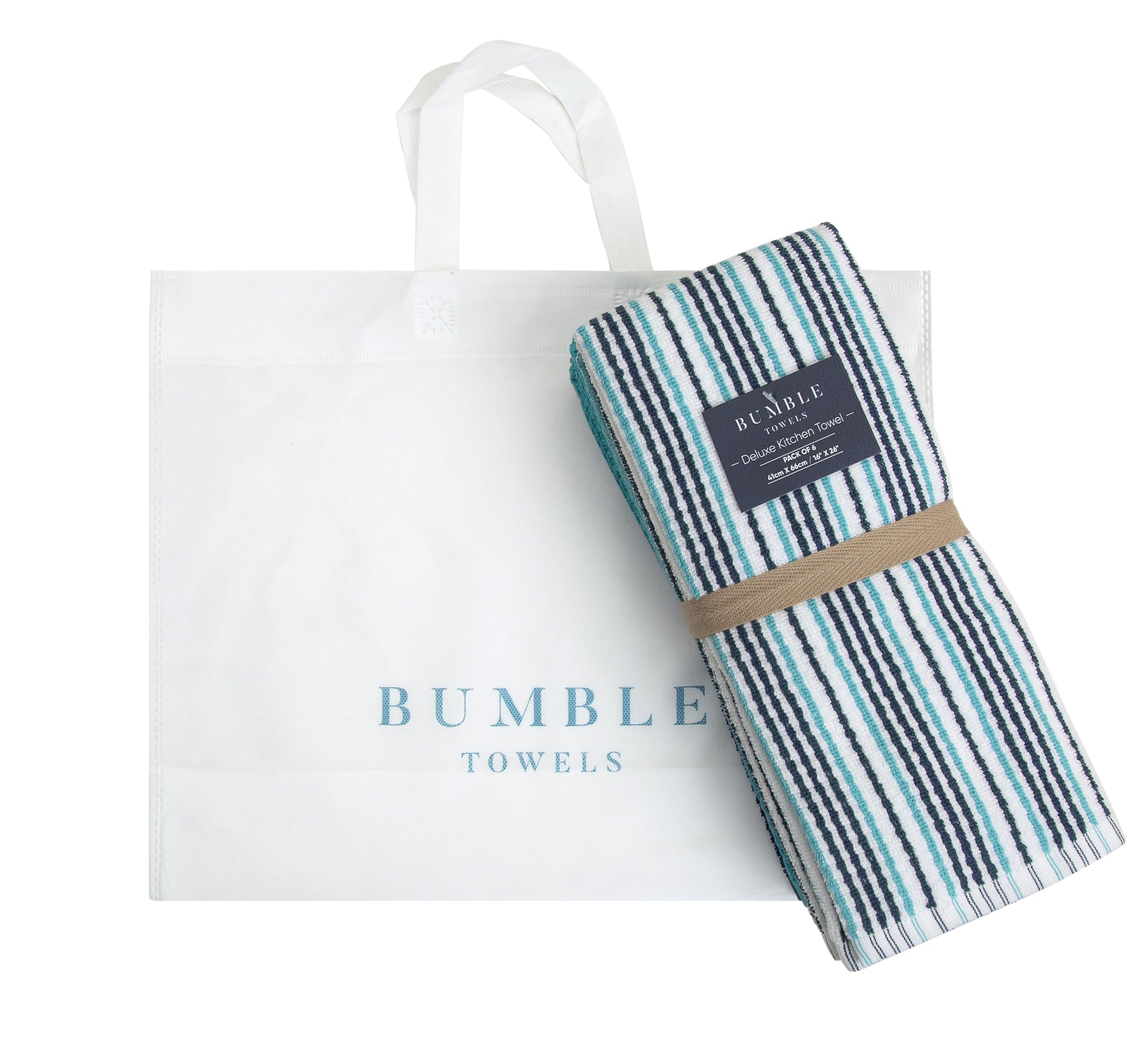 Bumble Towels aqua-colored towels brighten kitchen decor and add style.