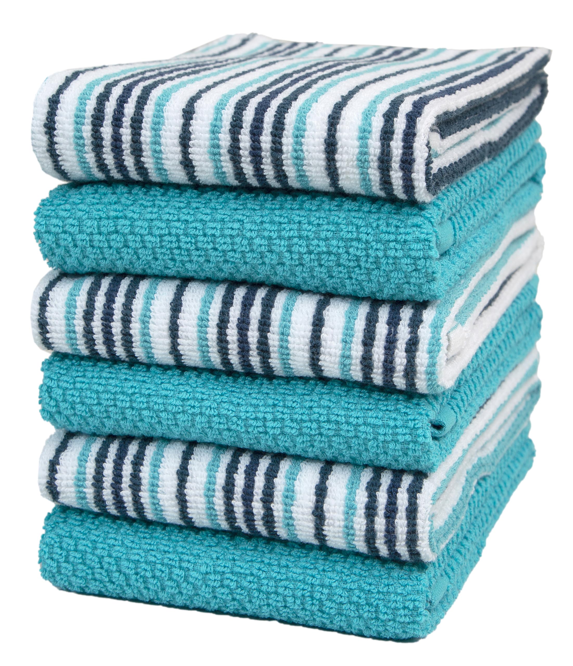 Bumble Towels kitchen towels in popcorn stripe absorb spills quickly in everyday cooking.