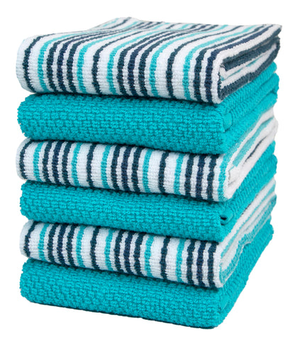 Bumble Towels kitchen towels in popcorn stripe absorb spills quickly in everyday cooking.