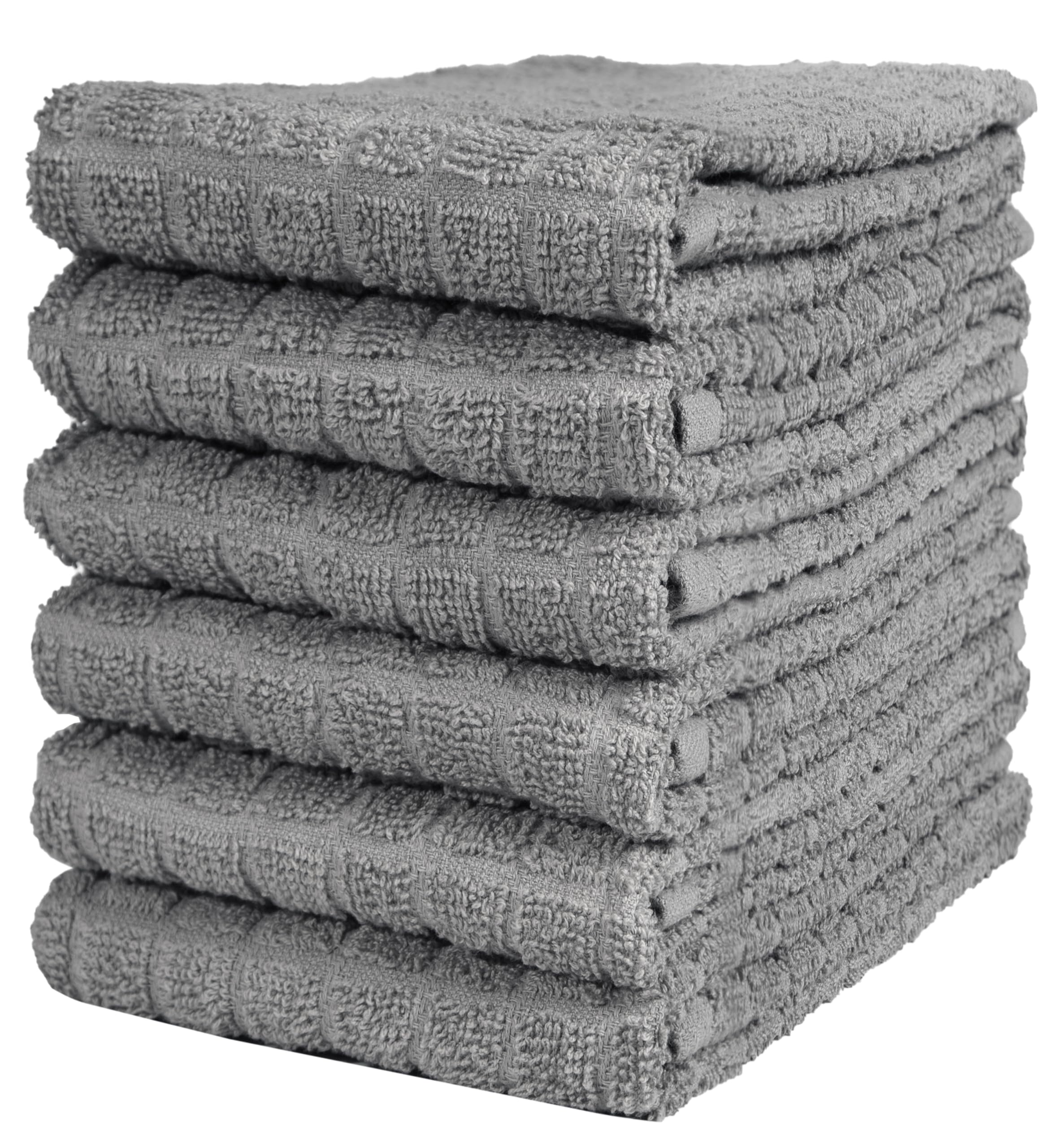 Bumble Towels premium kitchen towels in grey, six-pack folded for quick drying