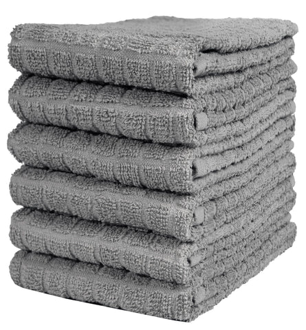 Bumble Towels premium kitchen towels in grey, six-pack folded for quick drying
