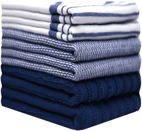 Bumble Towels terry towel in navy stripe offers strong absorbency for dishes.