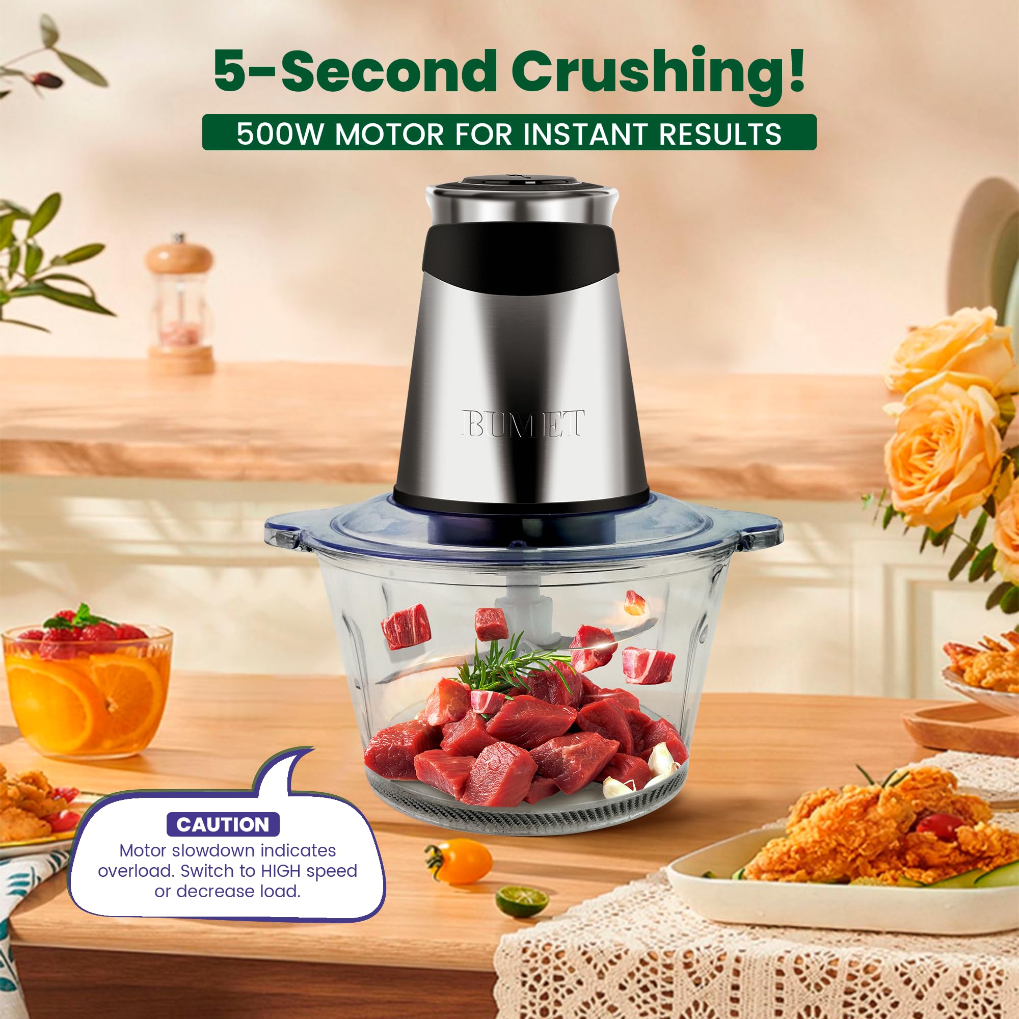 BUMET 8cup stainless bowl ready for versatile meat and vegetable processing.
