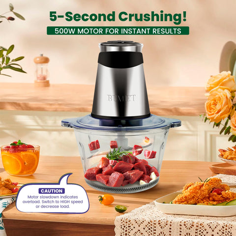 BUMET 8cup stainless bowl ready for versatile meat and vegetable processing.