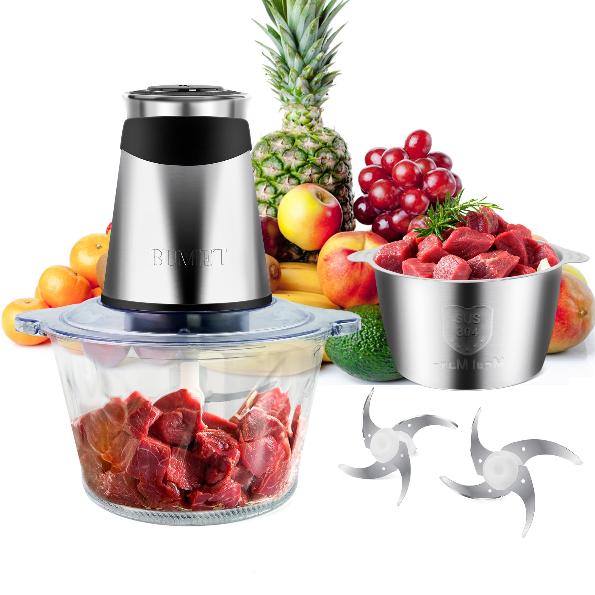 BUMET electric food processor 500W top view shows compact power for fast chopping.