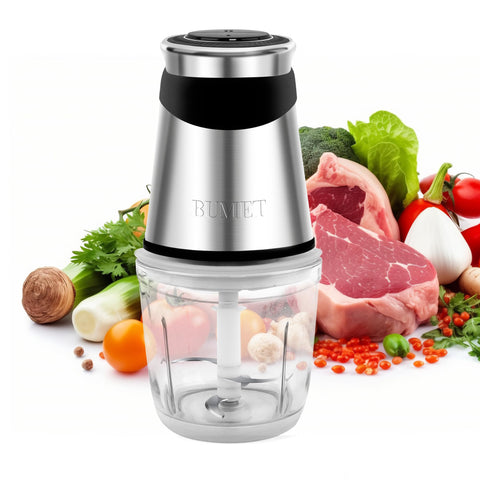 BUMET electric food processor top view, compact 500W motor for quick prep.