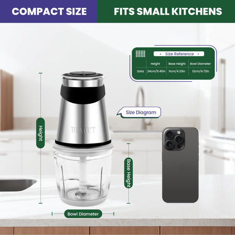 BUMET stainless steel blades dual-layer for precise chopping and mincing.