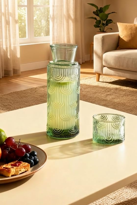 Buminee mouthwash dispenser glass carafe in green for clean bathroom routines.