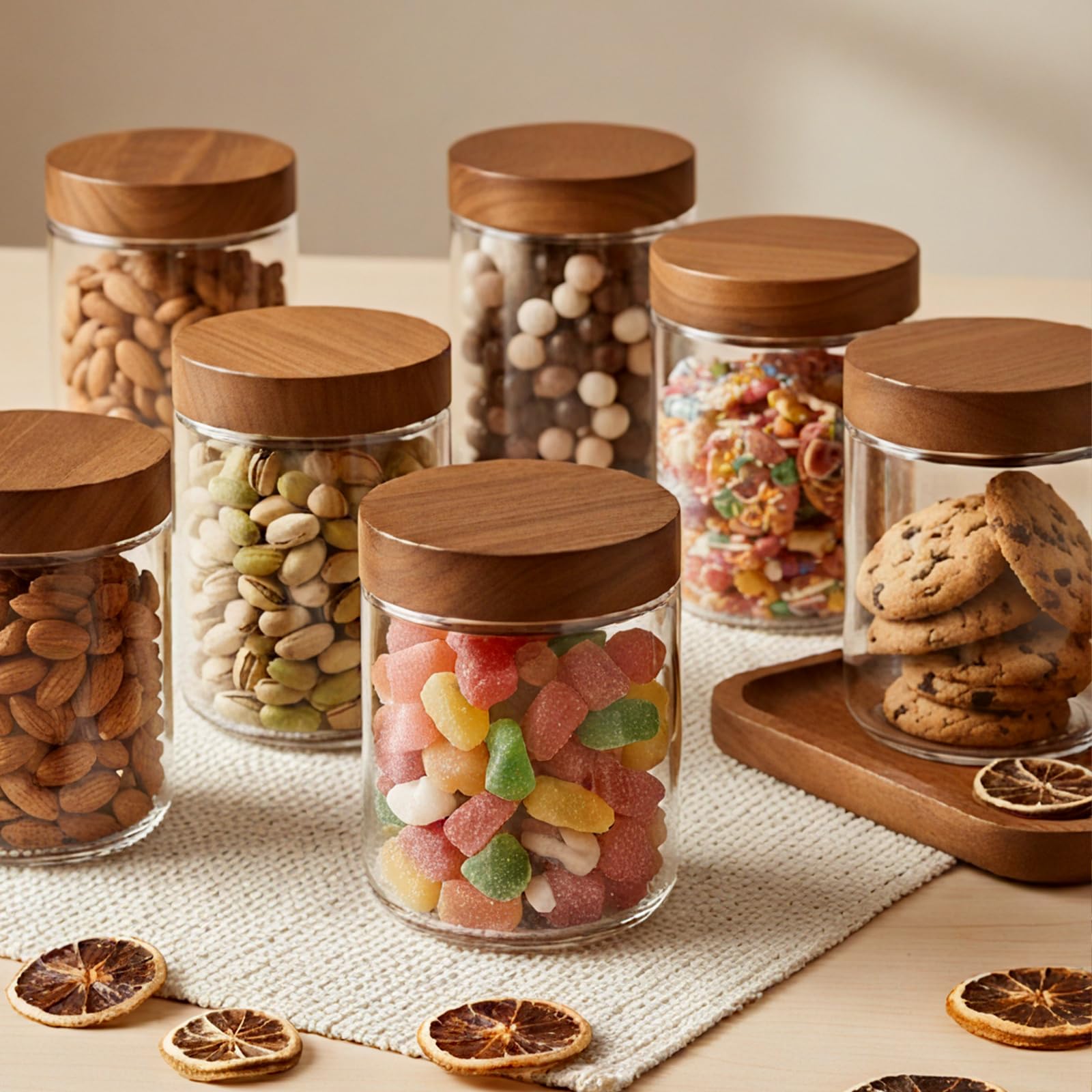 Bumobum acacia wood lid detail on a glass jar for stylish, secure storage