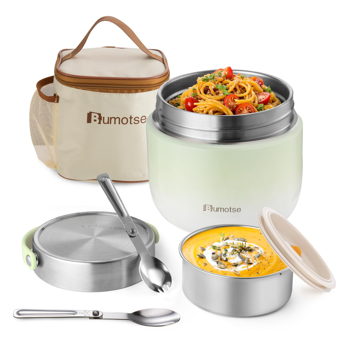 Bumotse 40oz insulated jar with dual compartments keeps meals organized and hot.