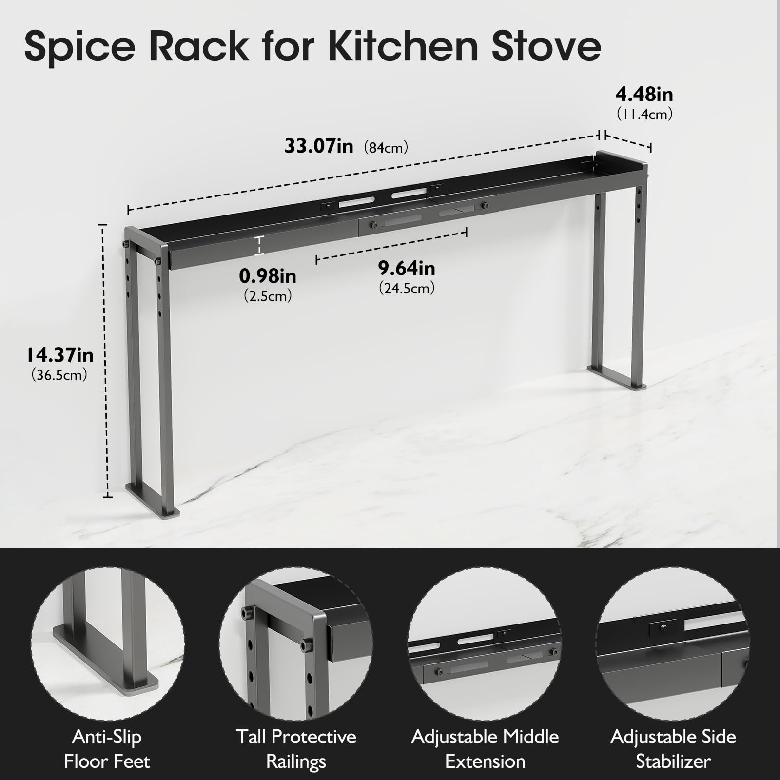 Bumusty adjustable spice rack showing flexible length fit for stoves