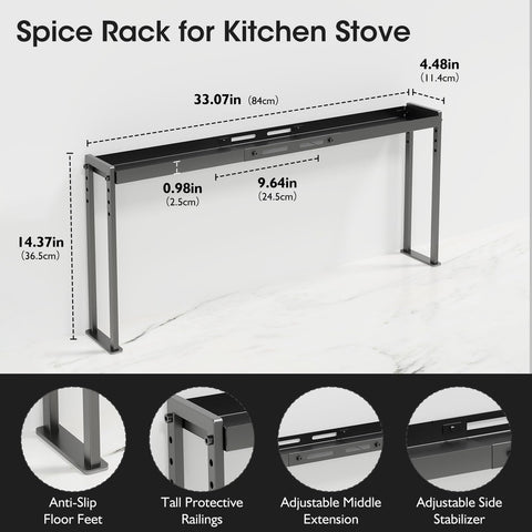 Bumusty adjustable spice rack showing flexible length fit for stoves