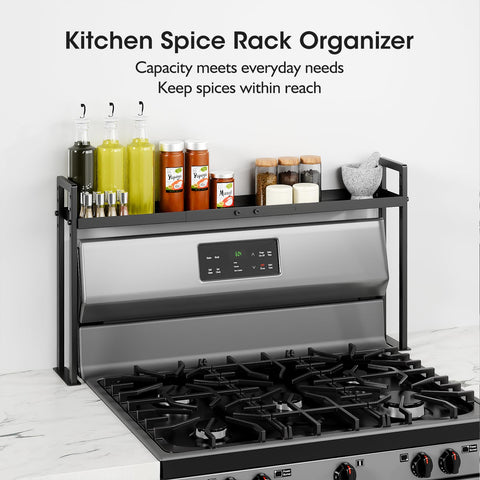 Bumusty kitchen organizer storing spices and condiments above the stove
