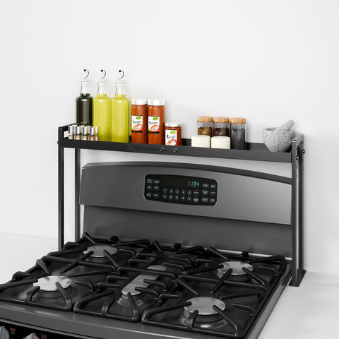 Bumusty stove top shelf extended above the stove for convenient storage