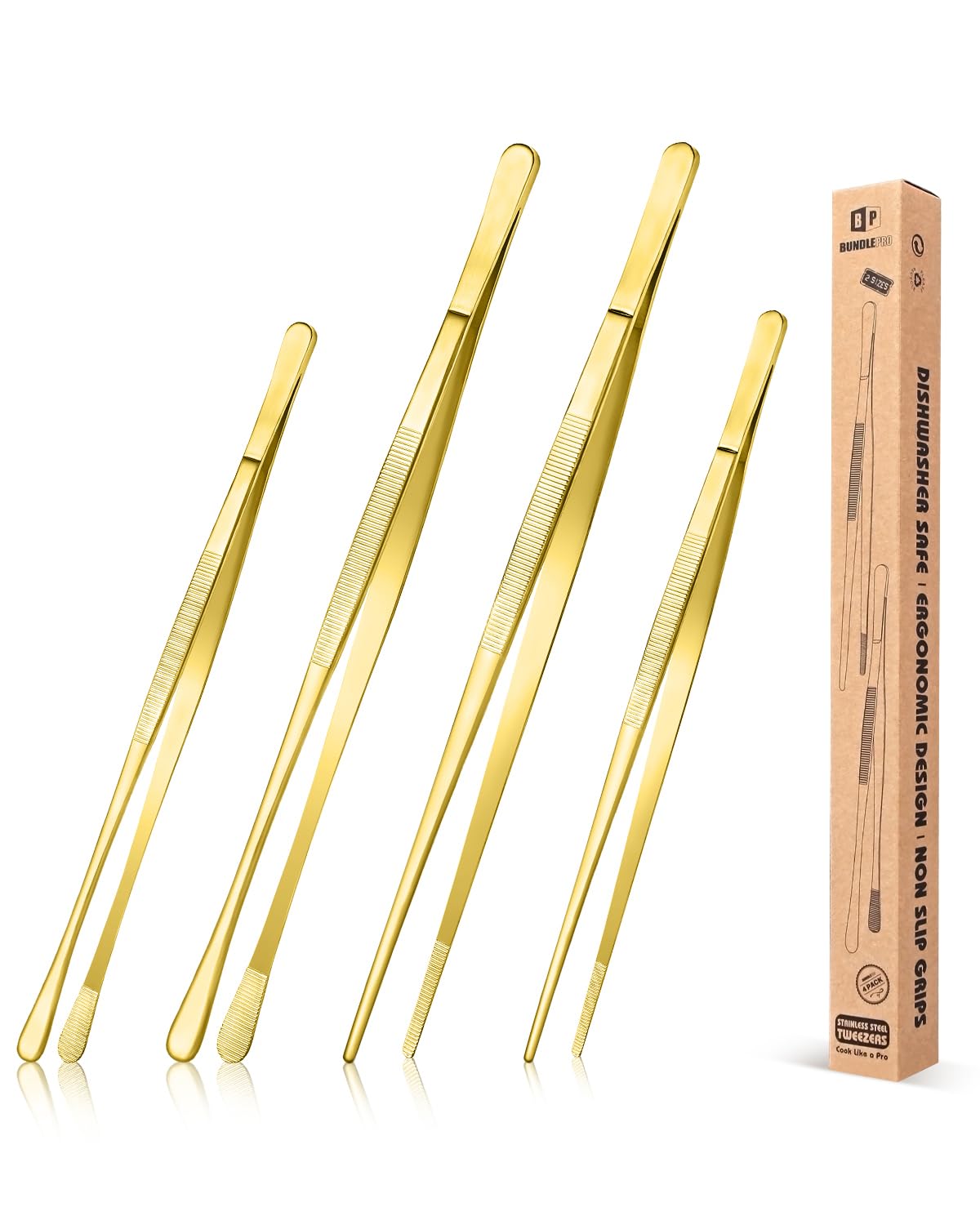BundlePro 4-pcs fine long tweezers set in gold for precise plating and cooking