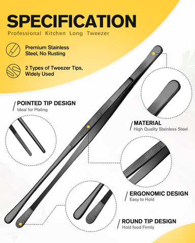 Bundlepro 4-pcs long tweezers 12in black with precision tips for small items.