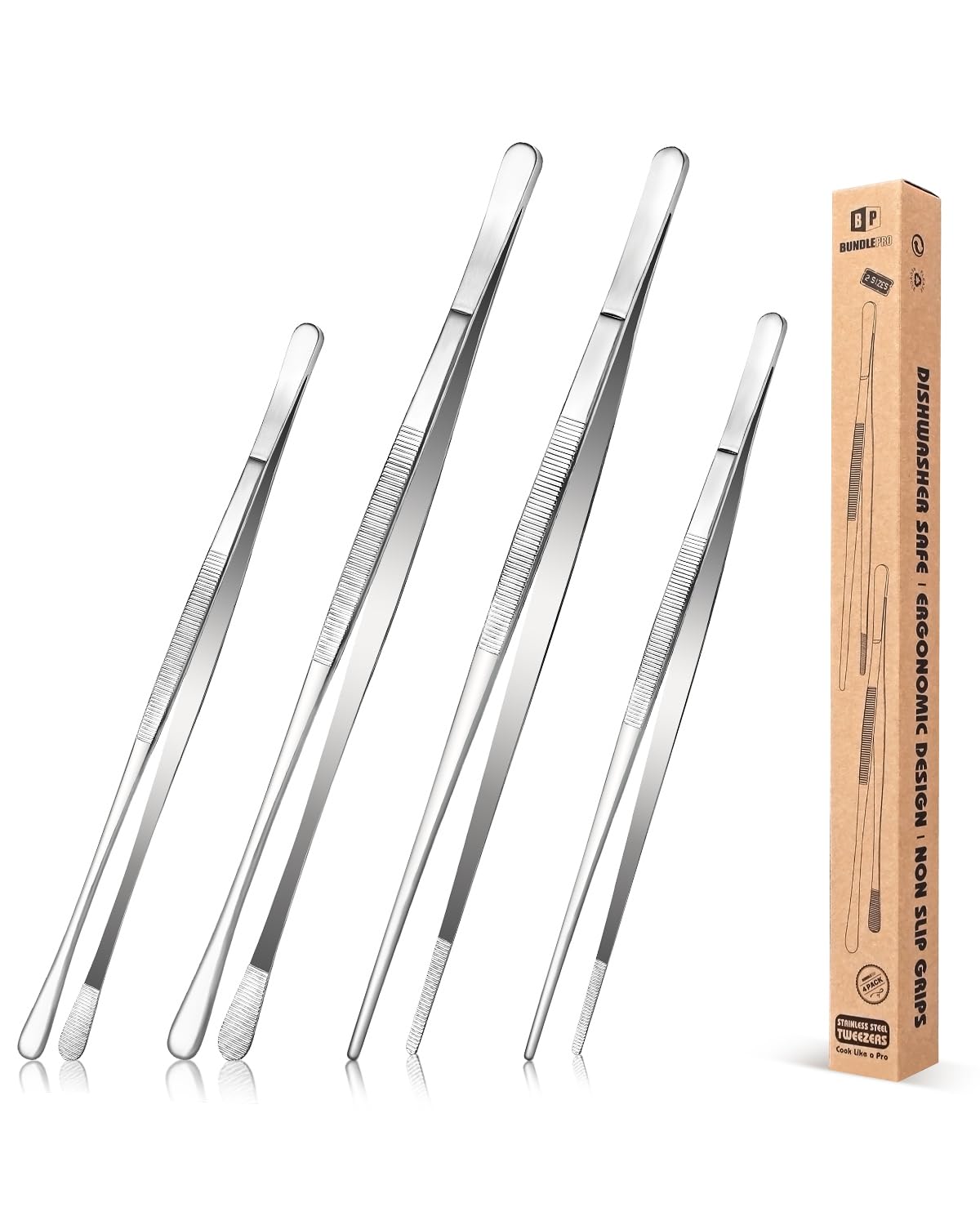 Bundlepro four-piece fine long tweezers set in 12 and 10 inches for precise plating