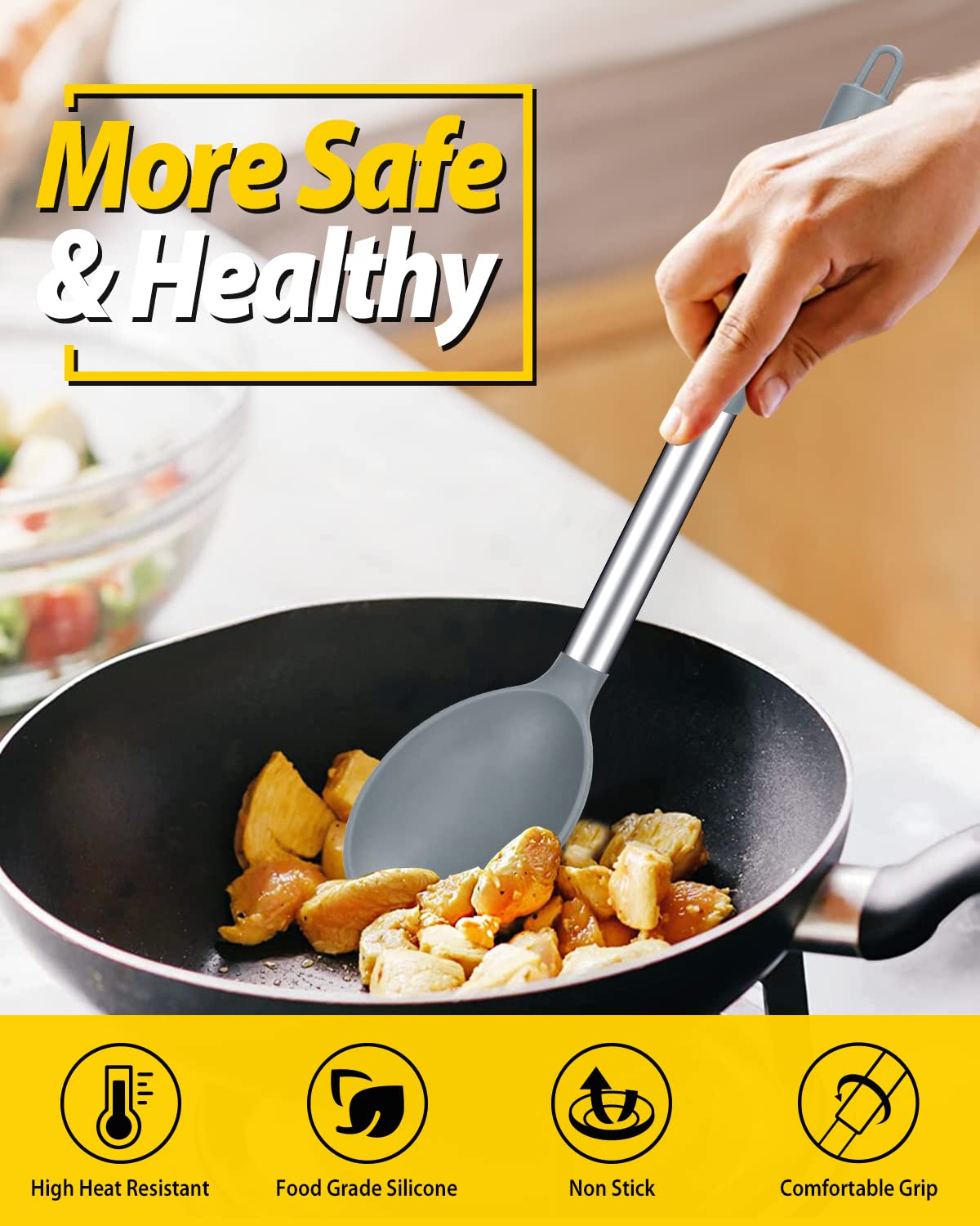 Anti-scratch silicone head protects nonstick coatings during use.