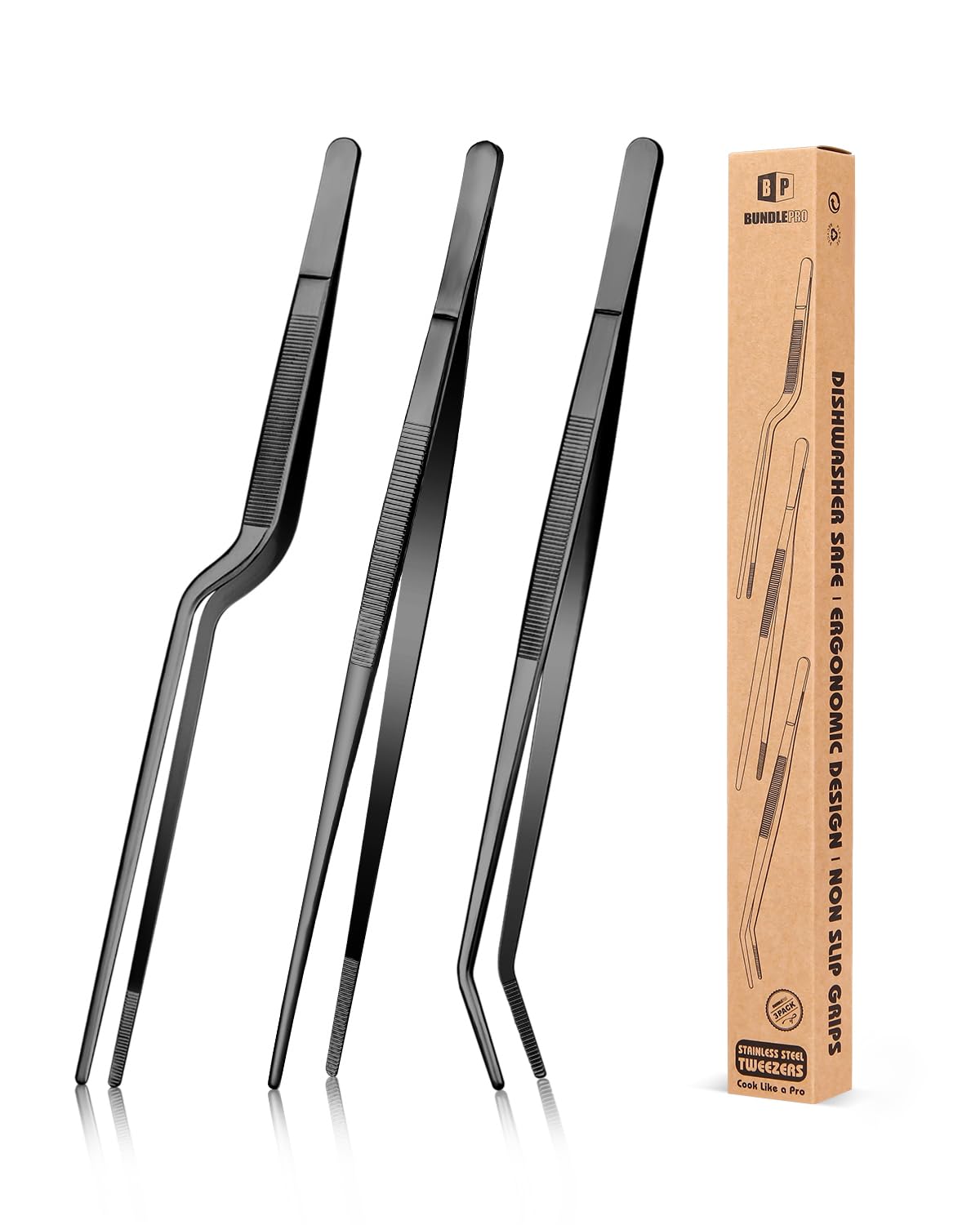 Bundlepro fine cooking tweezers set of three for versatile plating tasks.