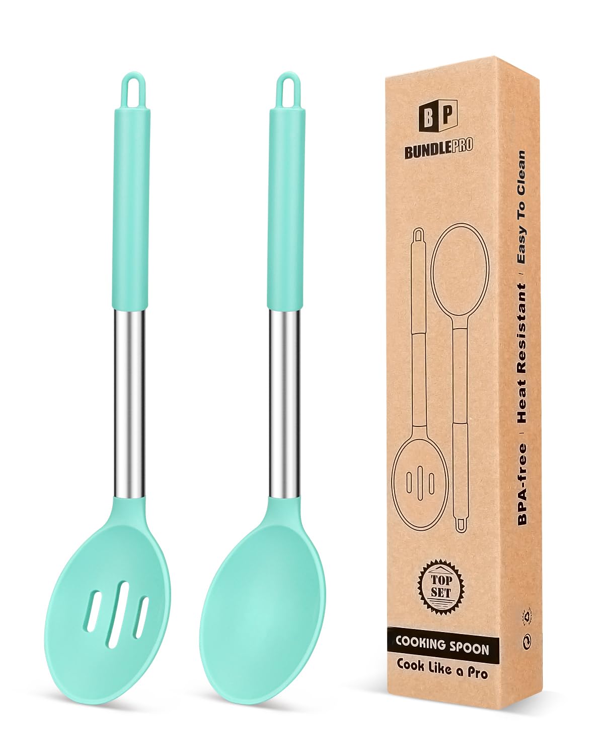 BUNDLEPRO green silicone cooking spoons 2-pack for safe nonstick cooking and easy stirring