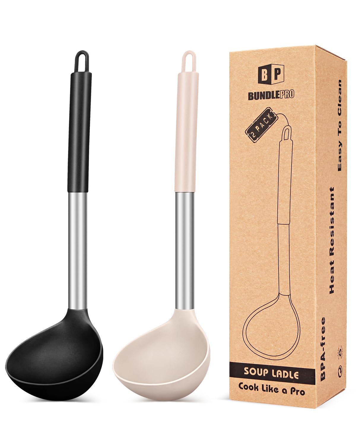 Bundlepro ladle spoons set in black-khaki for safe stirring without scratching cookware