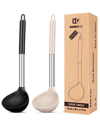 Bundlepro ladle spoons set in black-khaki for safe stirring without scratching cookware
