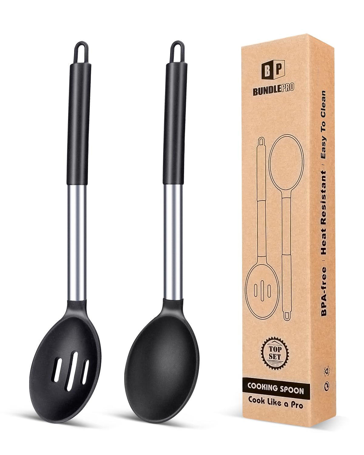 BundlePro pack of 2 large silicone cooking spoons shown on countertop, ideal for safe cooking.