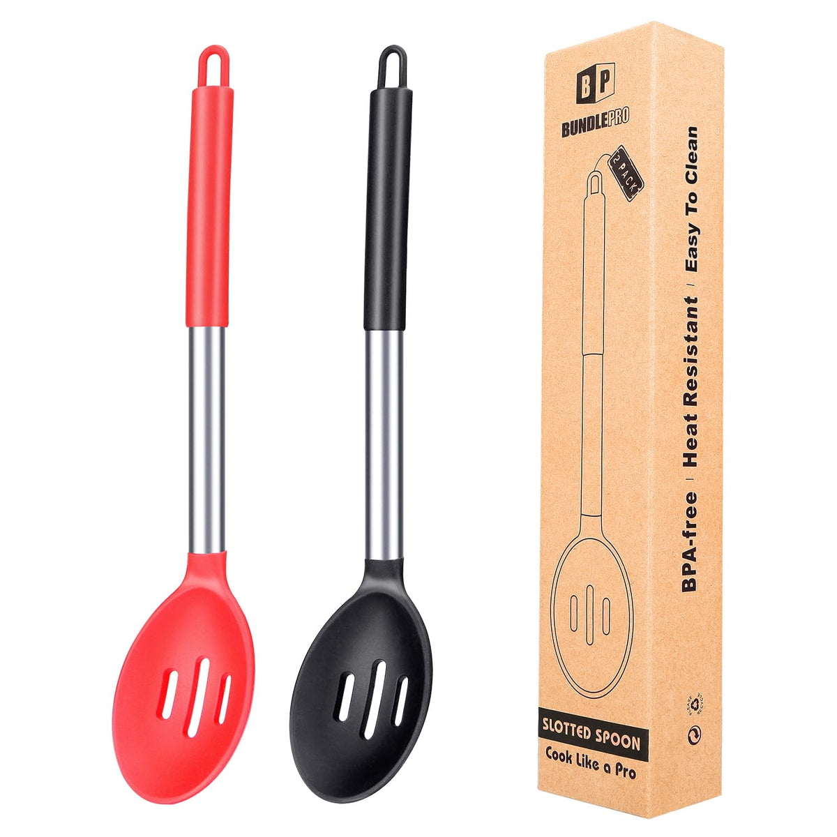 Bundlepro pack of 2 large silicone slotted spoons with black-red handles for draining and frying.