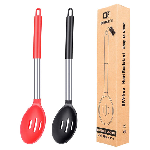 Bundlepro pack of 2 large silicone slotted spoons with black-red handles for draining and frying.