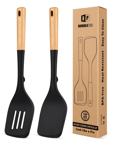 BundlePro pack of 2 large silicone spatulas in black for safe flipping and coating protection.