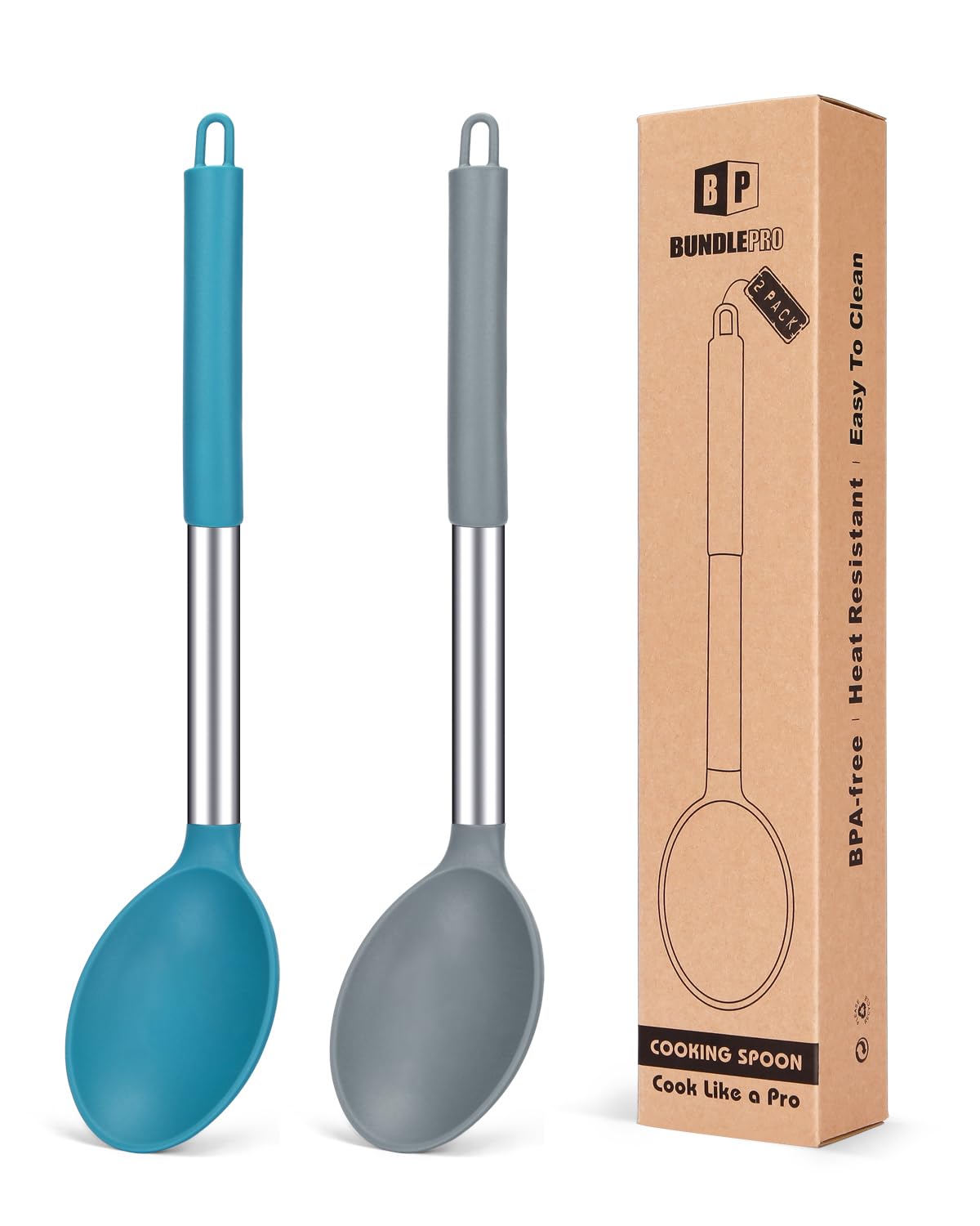 Bundlepro pack of 2 large gray-blue silicone spoons for nonstick cookware.