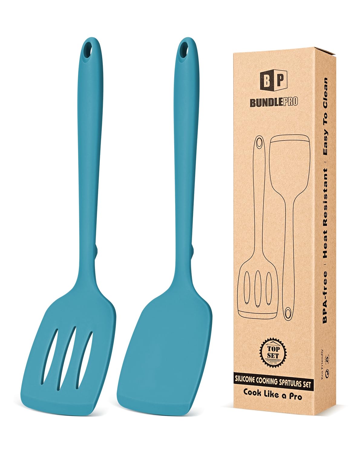 Bundlepro pack-2 silicone spatulas blue-slotted for safe flipping without scratching cookware