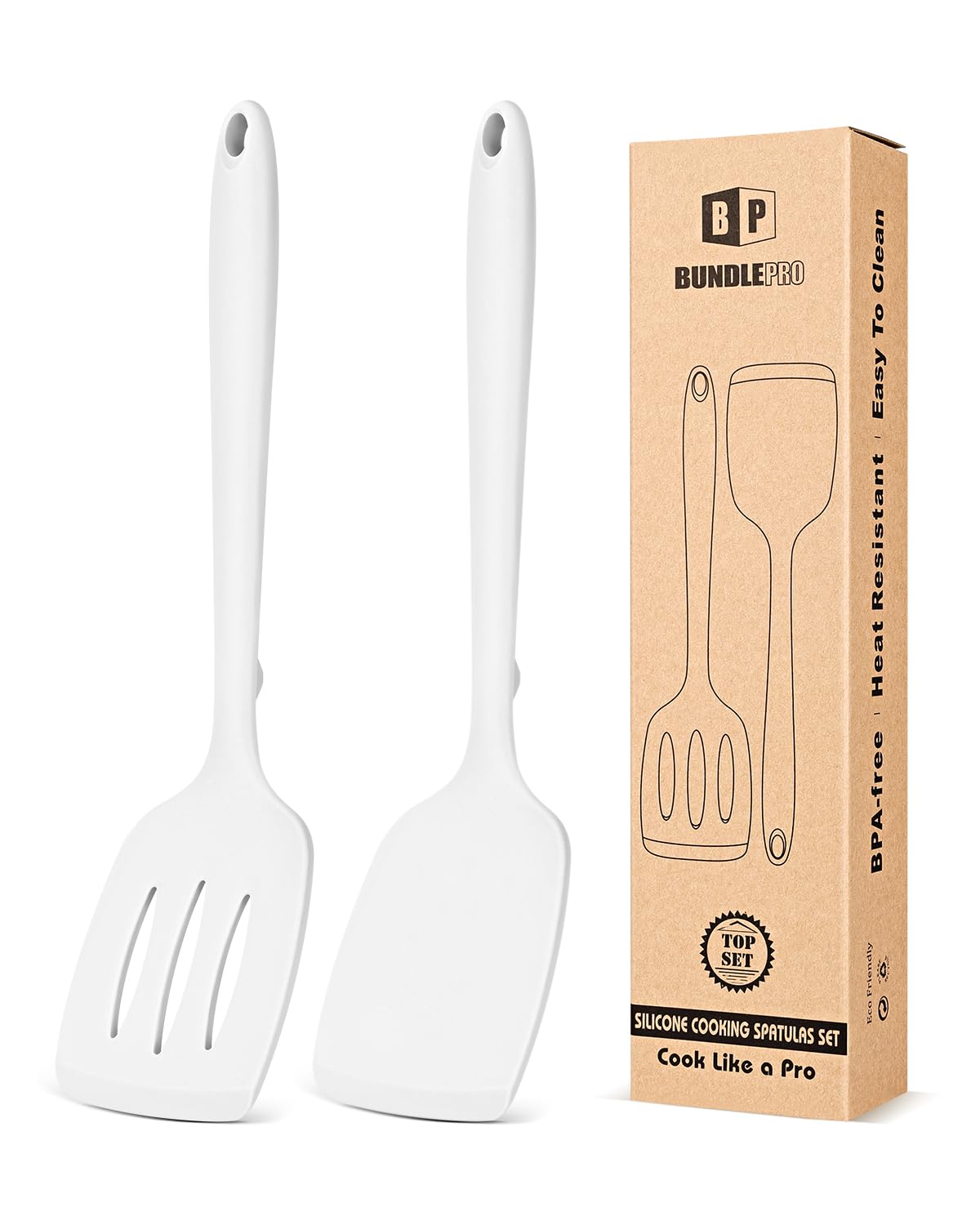 Bundlepro pack of 2 silicone spatulas with slotted and solid heads for versatile flipping.