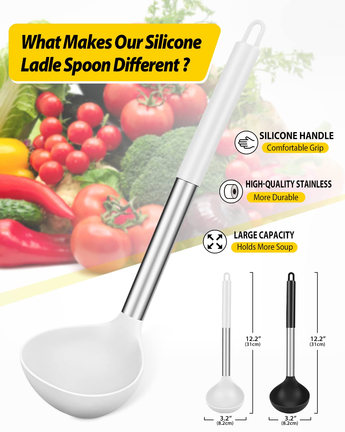 Close-up of BundlePro ladle head showing soft silicone surface to prevent coating scratches.