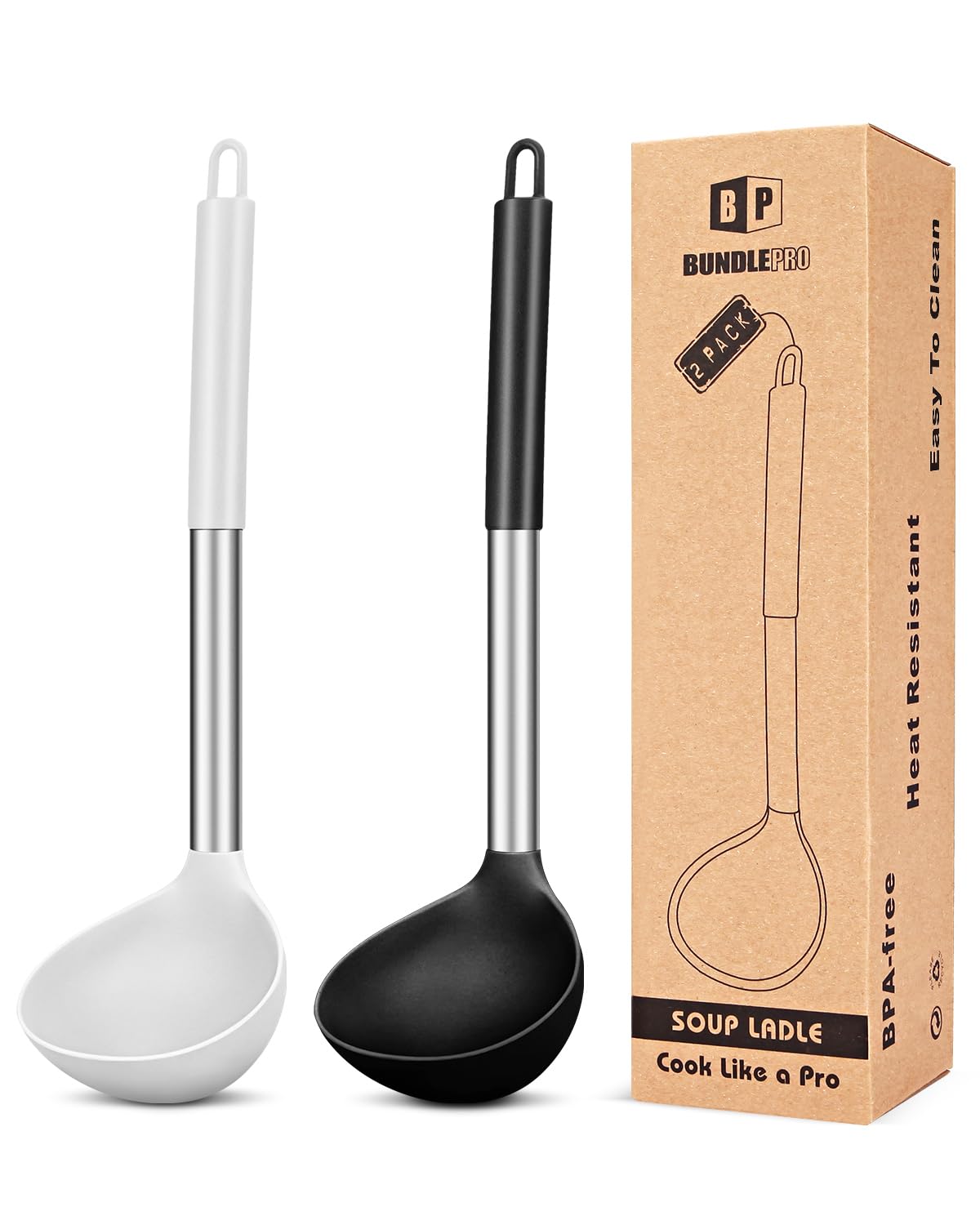 BundlePro Pack2 ladle silicone large soup head in black and white for safe stirring at high heat.