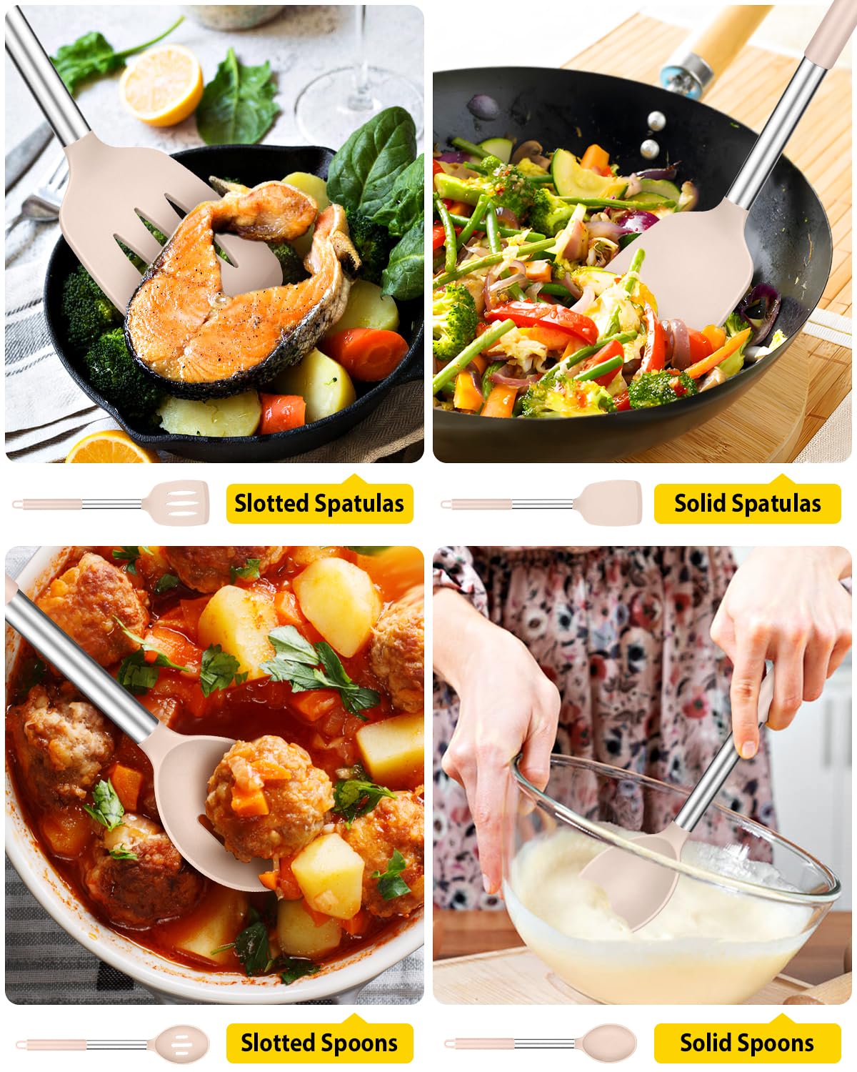 BUNDLEPRO khaki slotted spoon drains liquids quickly for sautéing.