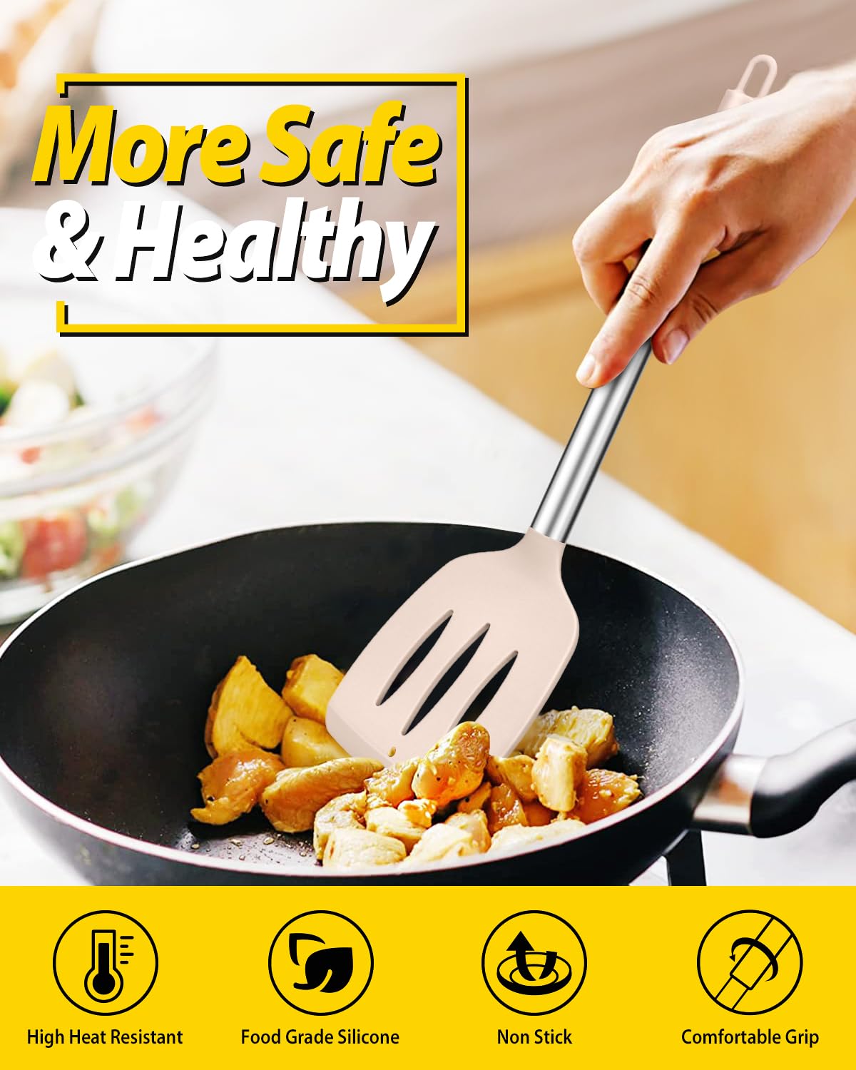 BUNDLEPRO silicone edge turner is gentle on cookware and easy to flip.