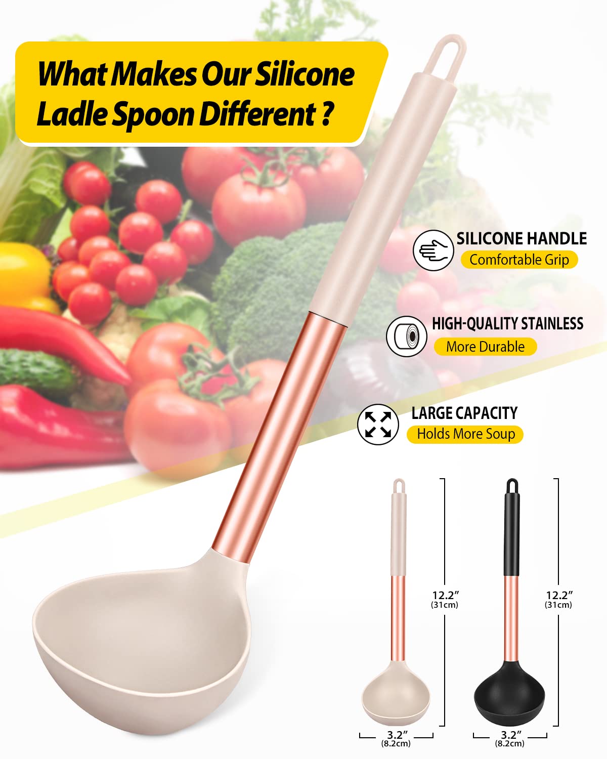 BundlePro ladle with black khaki handle offers comfortable grip and heat resistance.