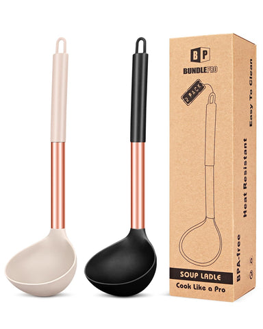 BundlePro silicone ladle rose gold spoon ideal for stirring soups without scraping pans.