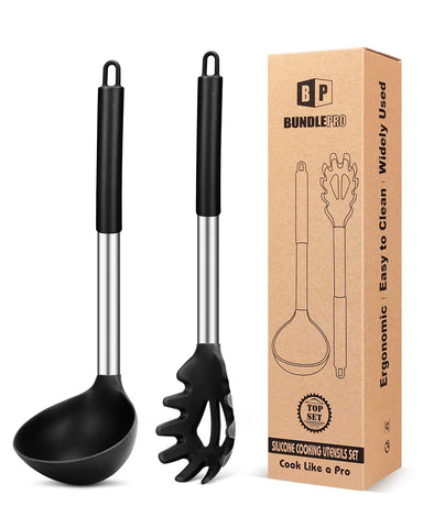 BUNDLEPRO black silicone pasta fork for safe, non-scratch pasta stirring.