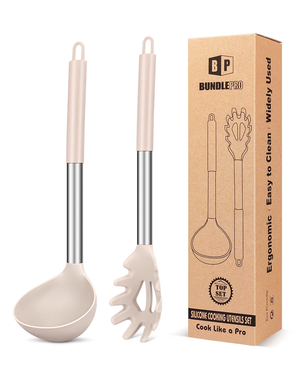 BUNDLEPRO silicone pasta fork and ladle set, front view, protects non-stick cookware with soft silicone.