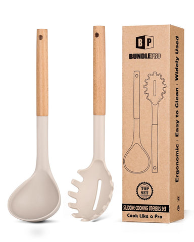 Bundlepro silicone pasta fork and ladle in khaki for effortless pasta serving.