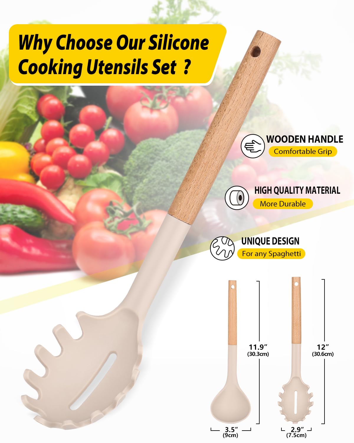 Bundlepro wooden handle silicone utensils closeup shows cool grip and heat safety.