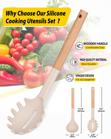 Bundlepro wooden handle silicone utensils closeup shows cool grip and heat safety.