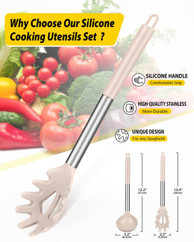 BUNDLEPRO silicone pasta fork and ladle set, noodles-twirl action for precise, mess-free serving.